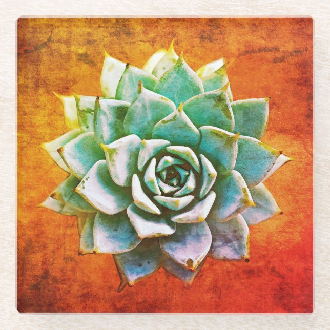 Succulent Watercolor on Orange Rust Glass Coaster (Front)