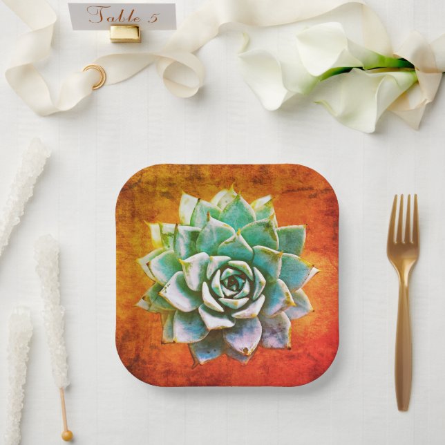 Succulent Watercolor on Orange Rust Paper Plate (Wedding)