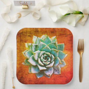 Succulent Watercolor on Orange Rust Paper Plate
