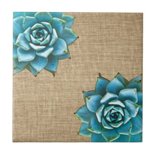 Succulent Watercolor on Tan Burlap Tile