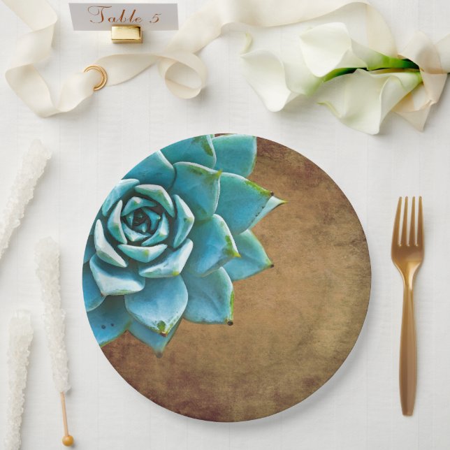 Succulent Watercolor Rustic Brown Paper Plate (Wedding)