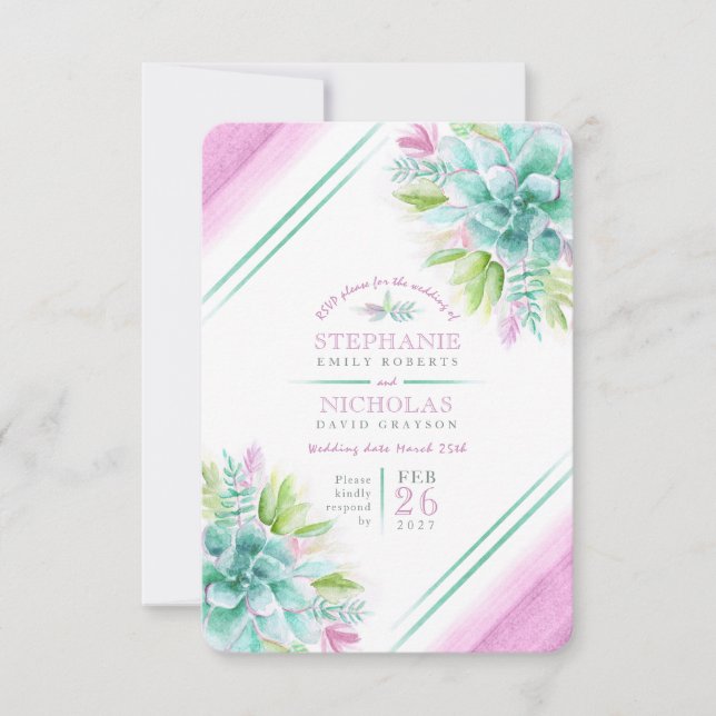 Succulent wedding greenery pink RSVP (Front)