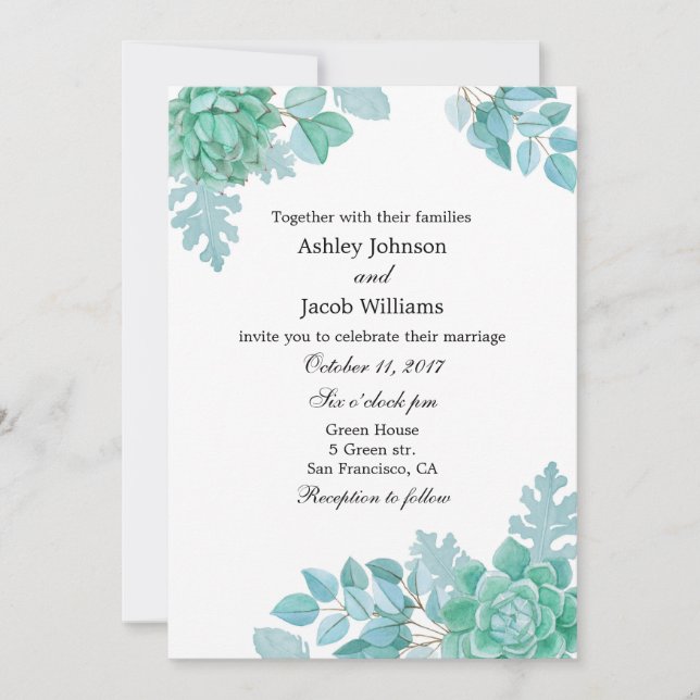 Succulent wedding invitation. Mint invite floral (Front)