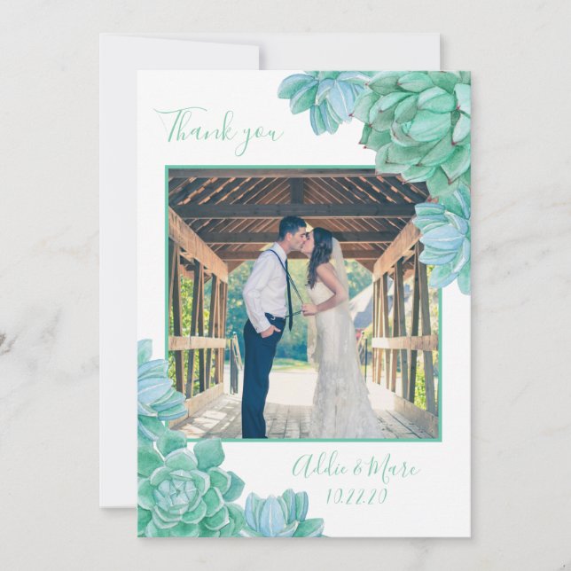 Succulent wedding photo thank you + with note (Front)