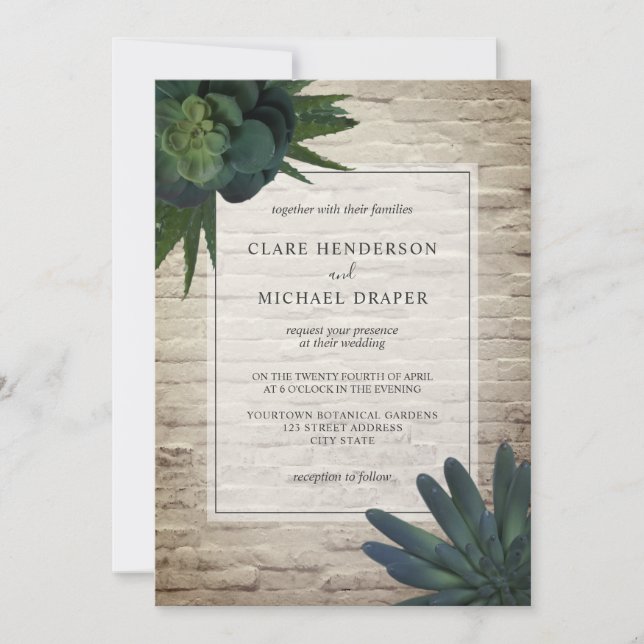 Succulent White Brick Wedding Invitation (Front)