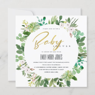 SUCCULENT WREATH FOLIAGE WATERCOLOR BABY SHOWER INVITATION