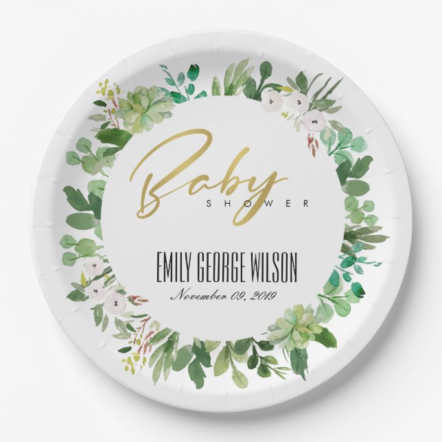 SUCCULENT WREATH FOLIAGE WATERCOLOR BABY SHOWER PAPER PLATE (Front)