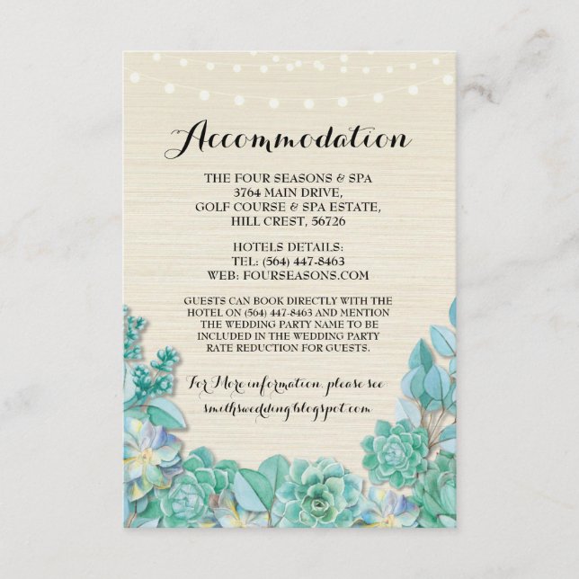 Succulents Accommodation Mint Wedding Cards (Front)