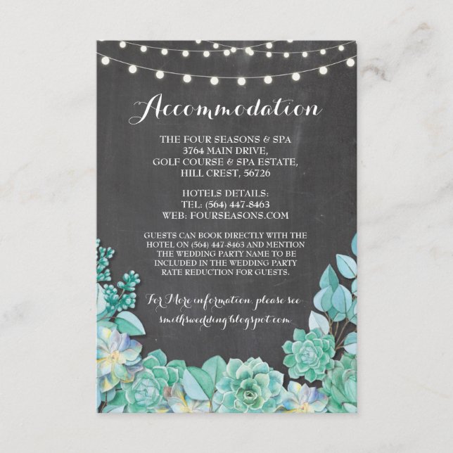 Succulents Accommodation Mint Wedding Chalk Enclosure Card (Front)