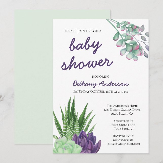 Succulents and Aloe Vera Watercolor Baby Shower Invitation (Front/Back)