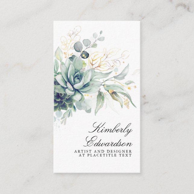 Succulents and Gold Greenery Elegant Boho Foliage Business Card (Front)