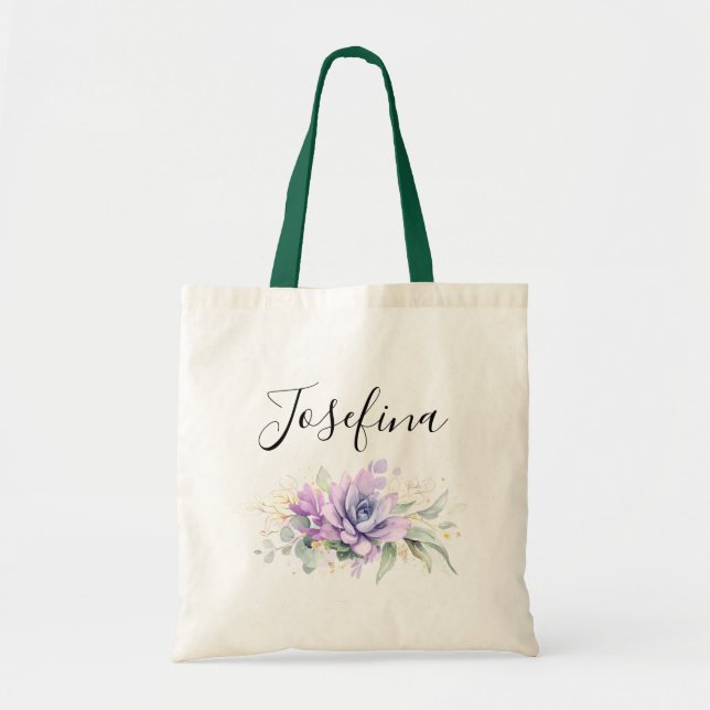 Succulents and Gold Greenery Elegant Script Name T Tote Bag (Front)