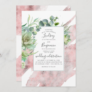 Succulents and Rose Gold Watercolor Wedding Invitation