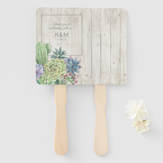 Succulents and Rustic Wood Wedding ID515 Hand Fan (Front and Back)