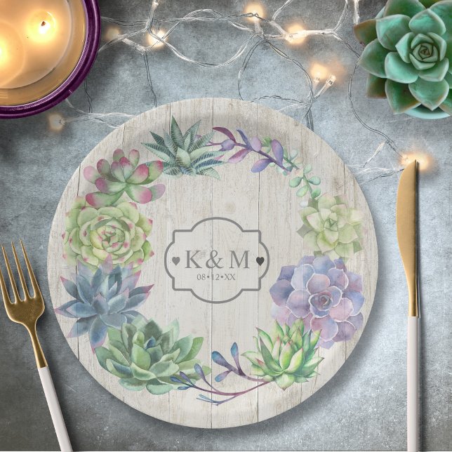Succulents and Rustic Wood Wedding Wreath ID515 Paper Plate (Creator Uploaded)