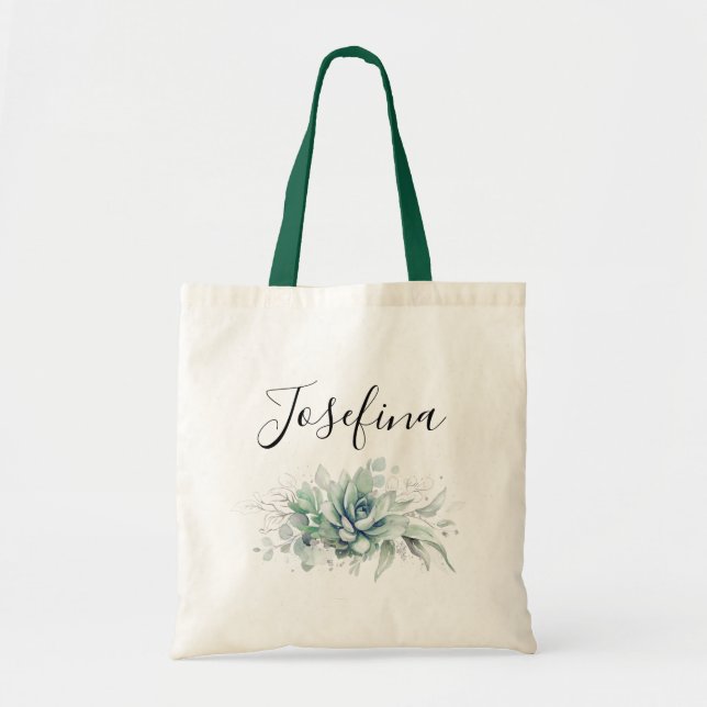 Succulents and Silver Greenery Elegant Script Name Tote Bag (Front)