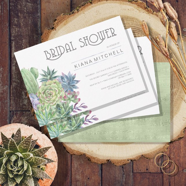 Succulents and Sparkle Bridal Shower Green ID515 Invitation (Front/Back In Situ)
