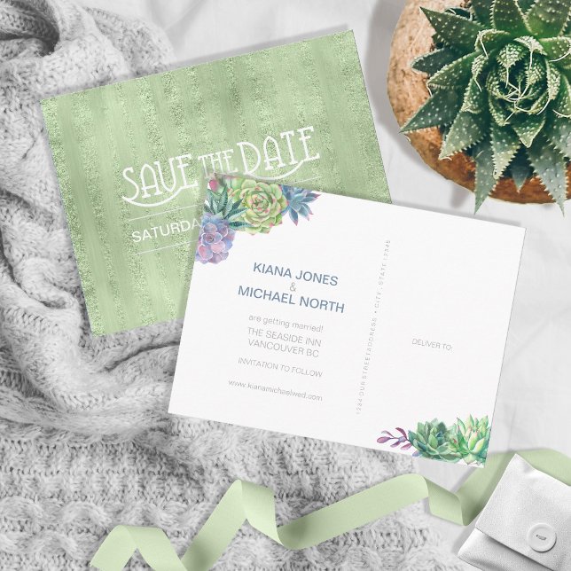 Succulents and Sparkle Save the Date Green ID515 Announcement Postcard (Creator Uploaded)