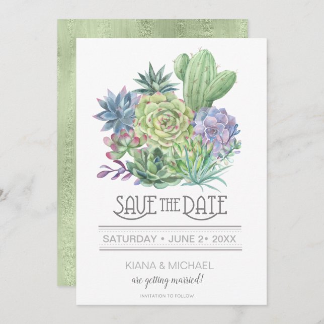 Succulents and Sparkle Save the Date Green ID515 Invitation (Front/Back)