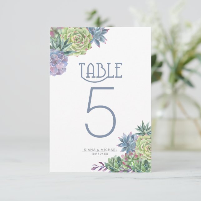 Succulents and Sparkle Table Numbers Blue ID515 (Standing Front)
