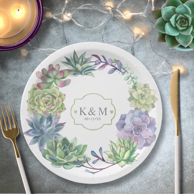 Succulents and Sparkle Wedding Wreath ID515 Paper Plate (Creator Uploaded)