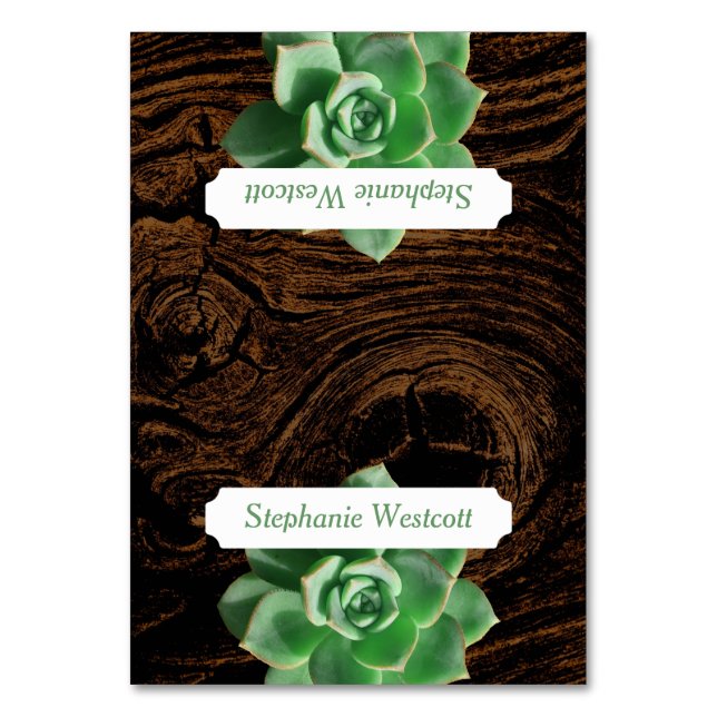 Succulents and Wood Tented Place Cards With Name (Front)