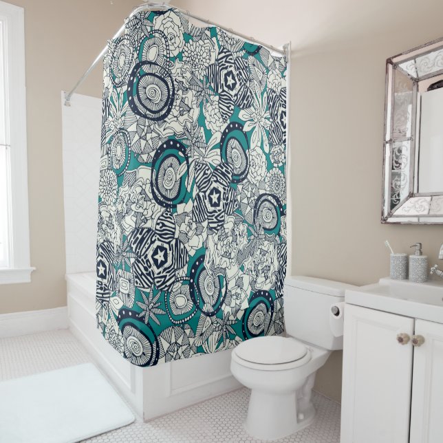 succulents blue indigo shower curtain (In Situ)