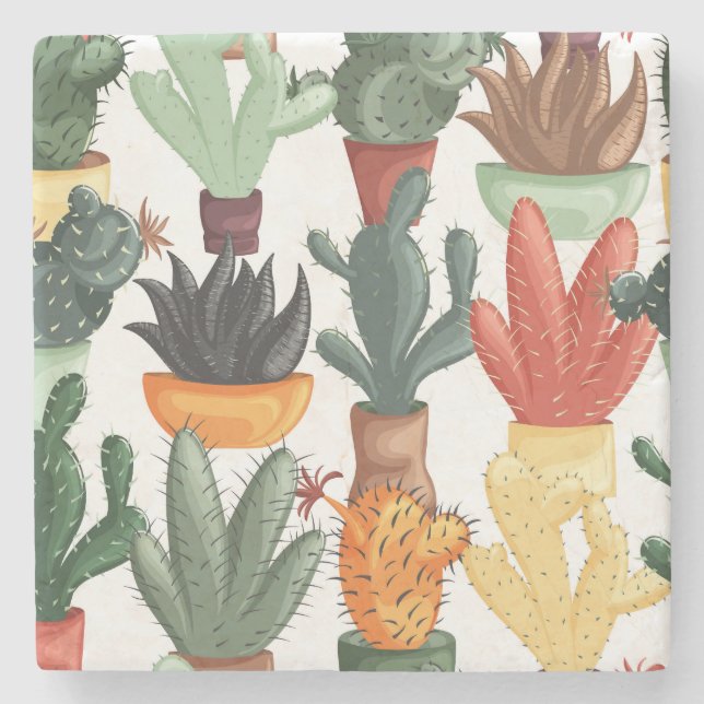 Succulents, cactuses: cute floral pattern. stone coaster (Front)