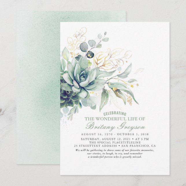 Succulents Celebration of Life Memorial Funeral Invitation (Front/Back)