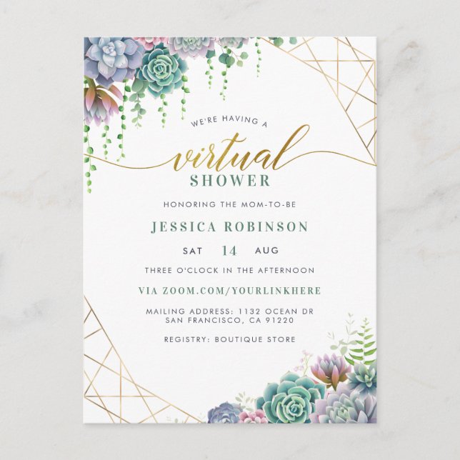 Succulents & Chic Gold Script Virtual Baby Shower Invitation Postcard (Front)