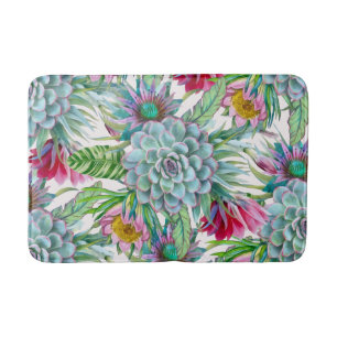 Succulents Echeveria Cactus Flowers Pattern Bath Mat