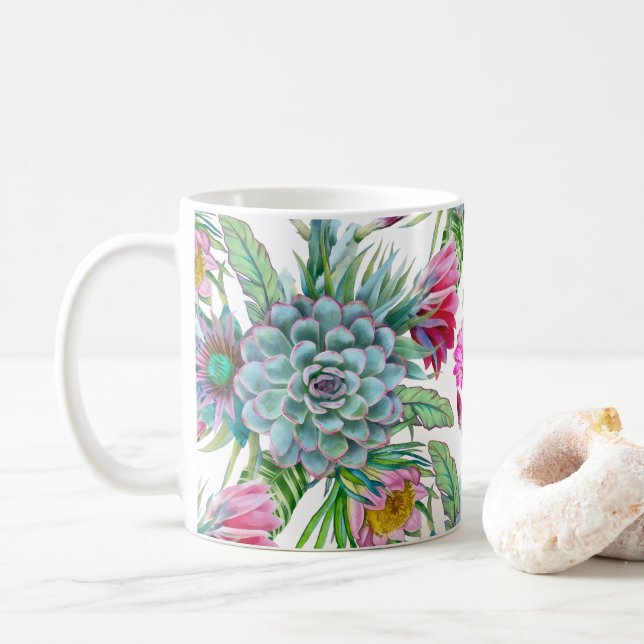 Succulents Echeveria Cactus Flowers Pattern Coffee Mug (With Donut)