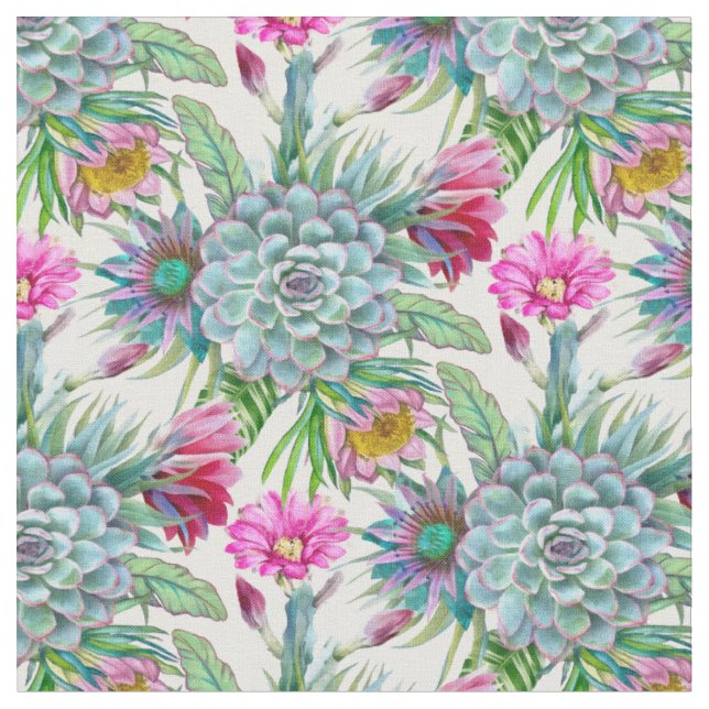 Succulents Echeveria Cactus Flowers Pattern Fabric (Close Up)