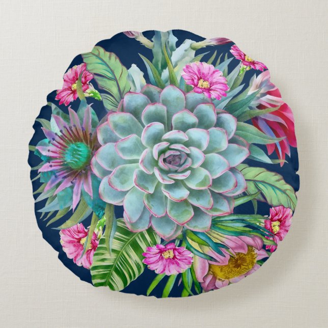Succulents Echeveria Cactus Flowers Pattern  Round Cushion (Front)
