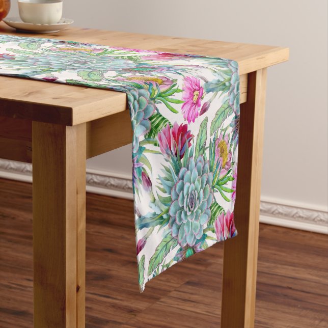 Succulents Echeveria Cactus Flowers Pattern Short Table Runner (In Situ)