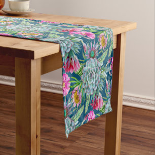 Succulents Echeveria Cactus Flowers Pattern Short Table Runner