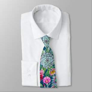Succulents Echeveria Cactus Flowers Pattern Tie