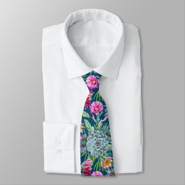 Succulents Echeveria Cactus Flowers Pattern Tie (Tied)