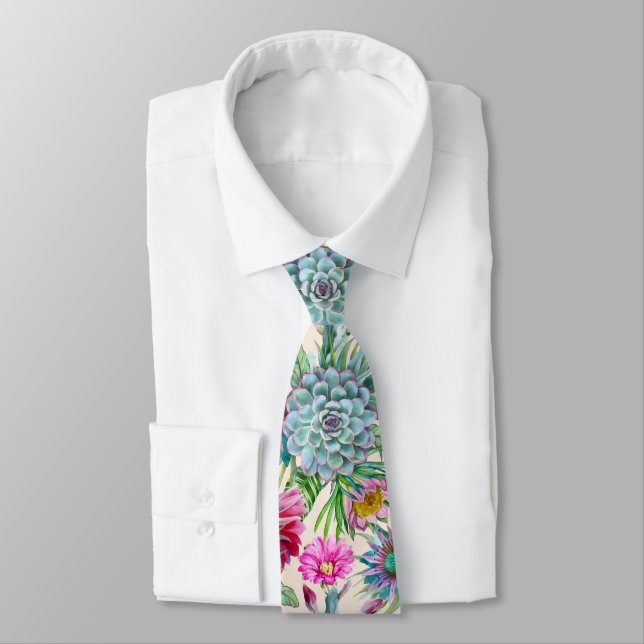 Succulents Echeveria Cactus Flowers Pattern Tie (Tied)