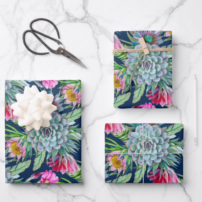 Succulents Echeveria Cactus Flowers Pattern  Wrapping Paper Sheet (Front)