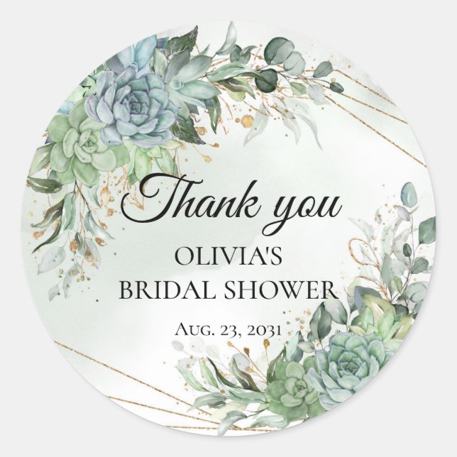 Succulents eucalyptus bridal shower thank you classic round sticker (Front)