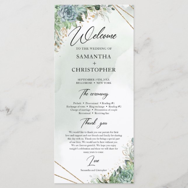 Succulents eucalyptus gold frame wedding program programme (Front)