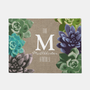 Succulents Faux Burlap - Family Name Doormat