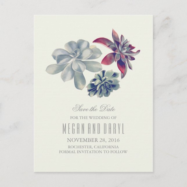 succulents floral romantic save the date announcement postcard (Front)