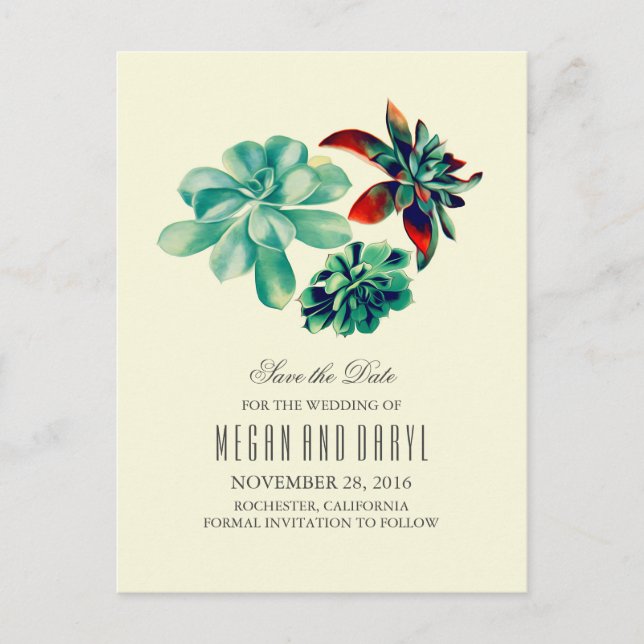 succulents floral romantic teal save the date announcement postcard (Front)