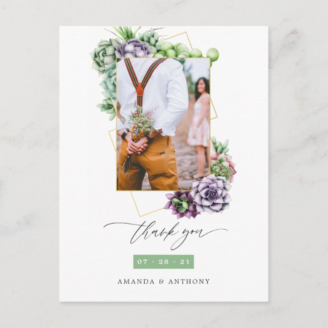 Succulents Geometric Wedding Photo Thank You Postcard (Front)