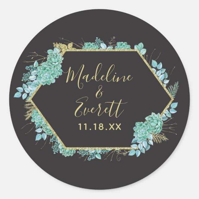 Succulents Gold Frame Any Colour Monogram Wedding Classic Round Sticker (Front)