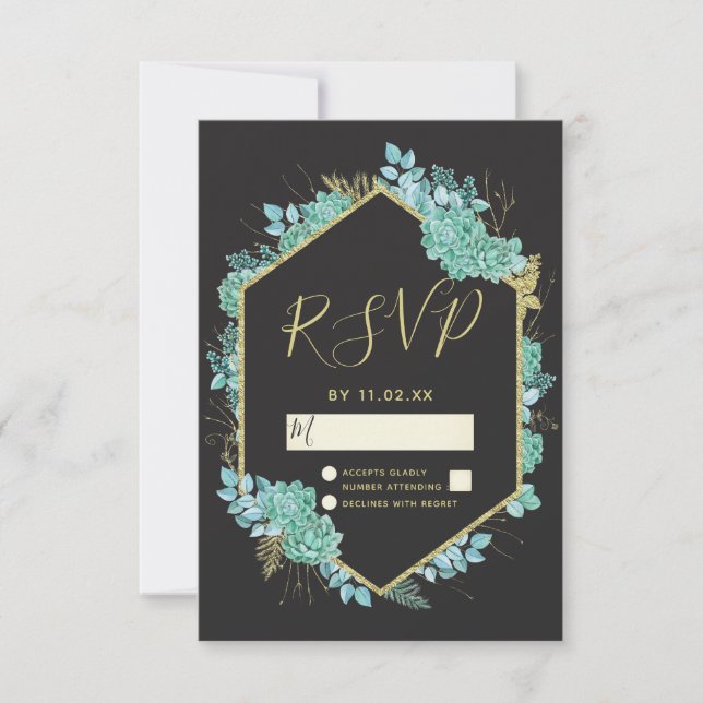 Succulents Gold Frame Any Colour Wedding RSVP Card (Front)
