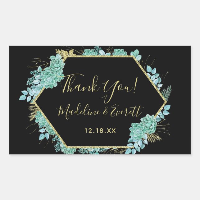 Succulents Gold Frame Any Colour Wedding Thank You Rectangular Sticker (Front)