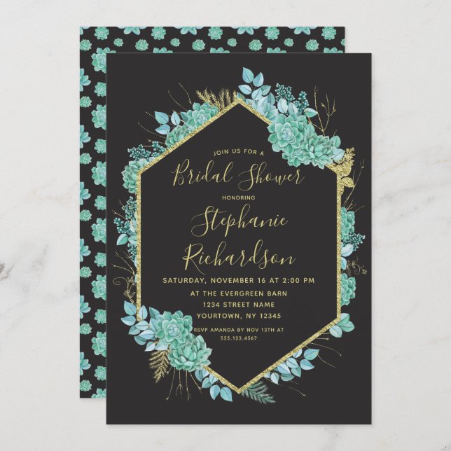 Succulents Gold Frame Bridal Shower Invitation (Front/Back)